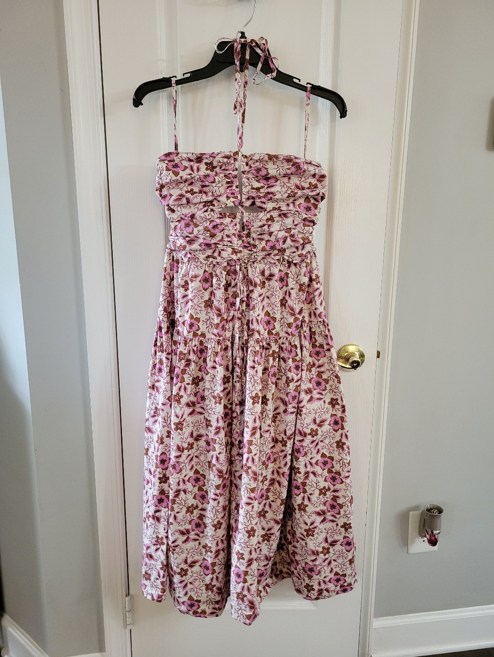 Jason Wu Cotton Floral Halter Strapless Midi Dress with Cutout & Smocking Large